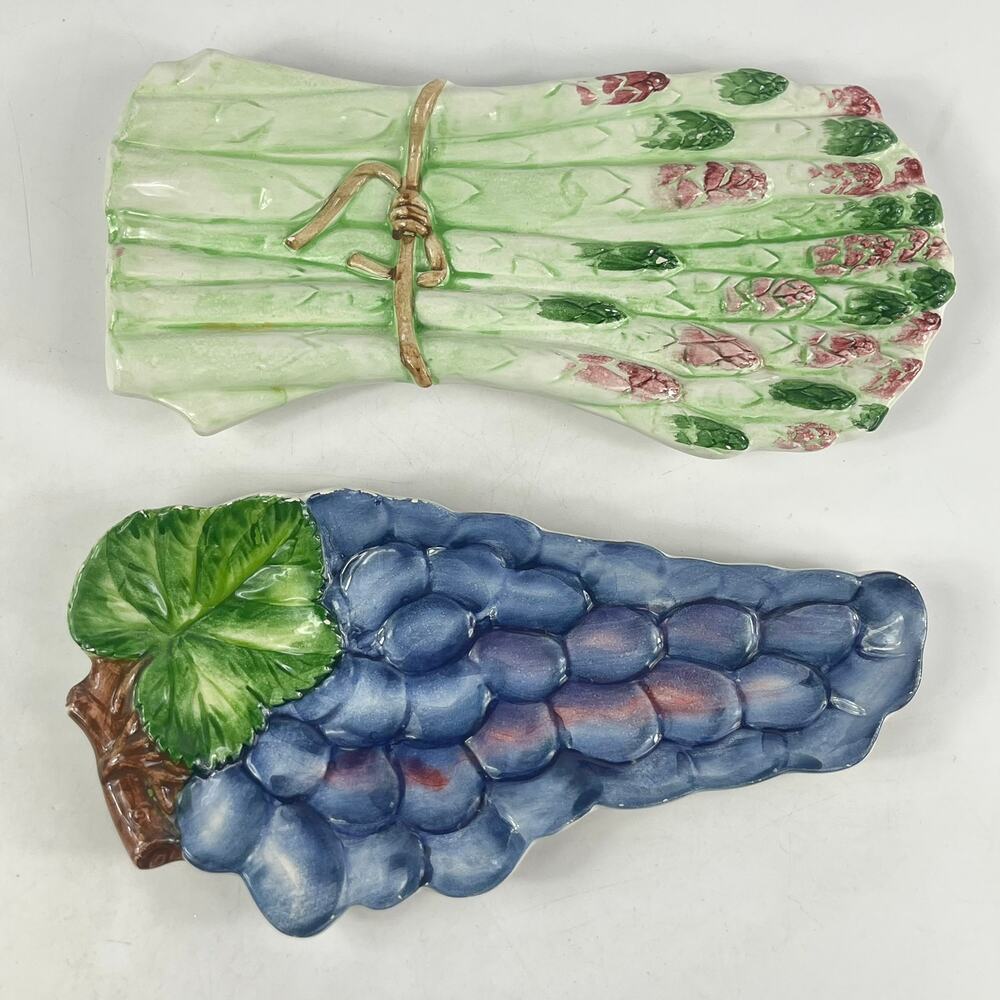 Vintage Italian Majolica Asparagus Grape Ceramic Serving Dish Set Hand Painted​